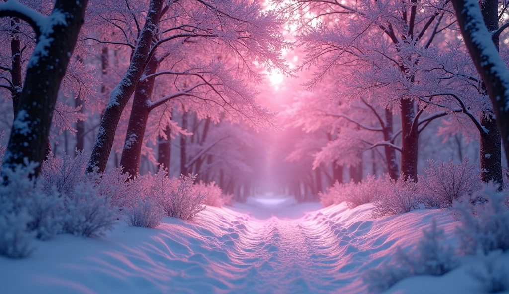 "Generates an extremely detailed scene of a dimly lit snowy wonderland, Rich in details, Bathed in a mesmerizing magenta glow. Imagine a peaceful winter landscape, Each snowflake is delicately outlined with soft, Dim Lights. Highlight the complex texture of snow-covered tree branches, Captures subtle changes in shadows in the surrounding magenta tones. Create a visual masterpiece,Immerse the audience in a quiet and charming atmosphere, A world covered with ice and snow, Emphasis on the smallest details to evoke a sense of serenity and awe."