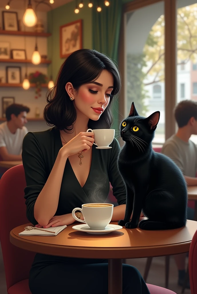 A woman with black cat, in thé bistrot driking coffee, degital art,