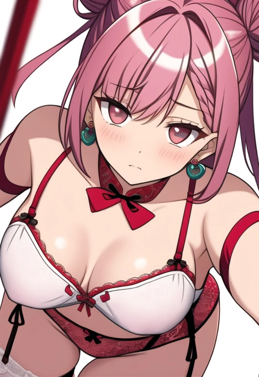 Pink hair bun Troubled face Low - Angle front Back white Background white Small breasts Red Chinese clothing garter belt Amia Misty stockings Big eyes Hearts in the eyes Ring Earrings