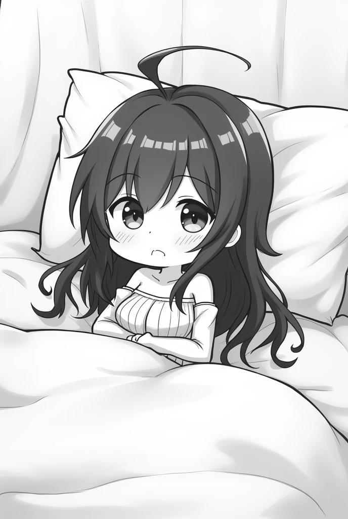 ((illustration)),(((masterpiece))),((Best Quality)),(High resolution), Hignity 8K Wallpaper, ((Tchibi)), (beautiful detailed eyes),(A High resolution), reflective hair big boobs，neckline，standing, lie down on the bed，the original god，paimon，Off the shoulder clothing, black and white background