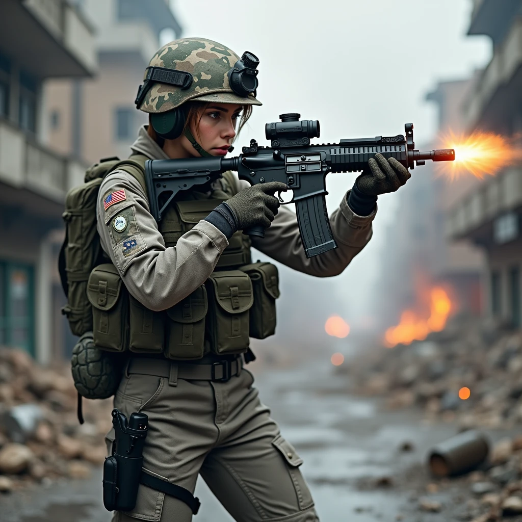 a full body shot of a 22-year-old French female soldier (standing firing at an enemy:1.2) in a ruined city street. She's dressed in an urban grey and black camouflage uniform, wearing a camouflage helmet and com headset, her very short hair is light brown She is fully equiped with military gear and a urban camo painted automatic rifle with a 4x scope and a suppressor, There is smoke and fire in the background and a lot of debris on the ground, The city has been heavily damaged, ultra high resolution image