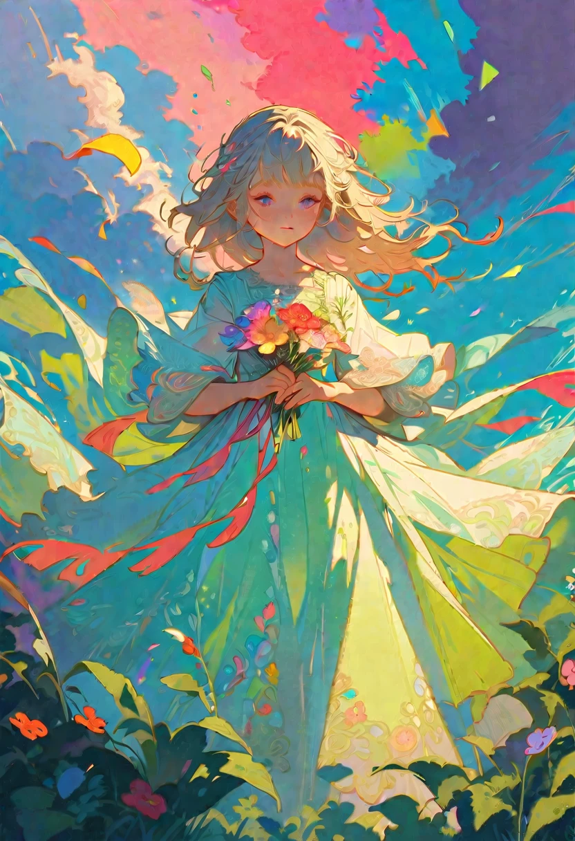 A girl wearing a dress made of transparent flowers, the dress is long and flowing, her hand is holding a bouquet of colorful confetti, she is standing on a green meadow, with a gentle breeze, gentle sunlight. , light dust, pastel colors, concept art fantasy, 8k, wind, clouds, fantasy, dream, beautiful color combination, perfect layout, meticulous, 8k, clear details, vibrant