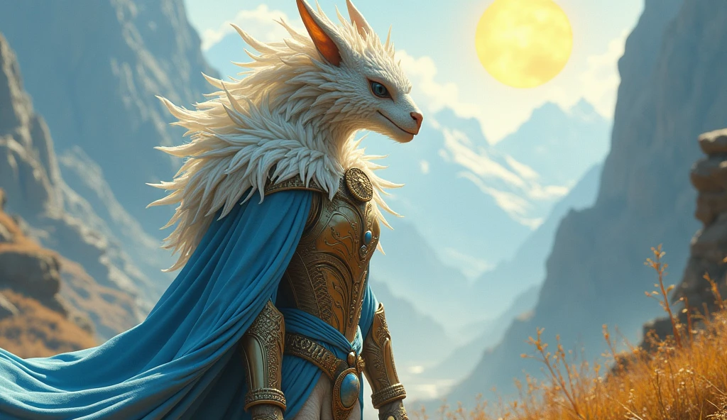 Argentina as a southamerican League of Legend creature iin light blue and white with a golden sun. Intricated clothing. Cinematic Fantasy sci-fi landscape background