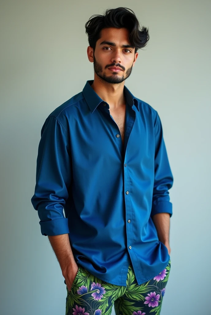 A Guy with Black Wavy Hair, black eyes, goatee, Brazil blue shirt, green and purple floral shorts
