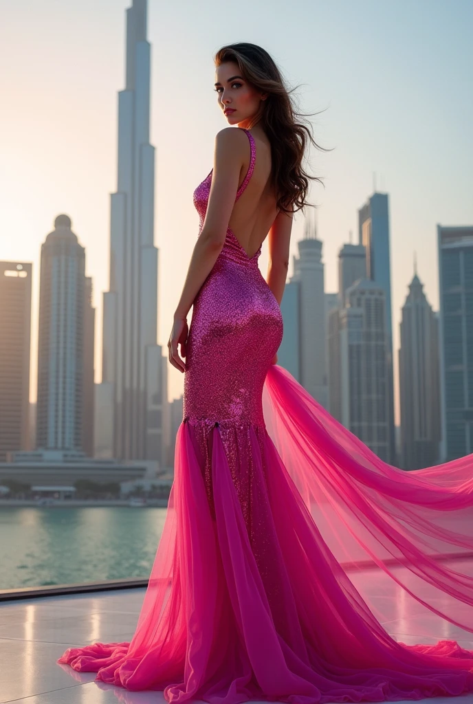 Une femme a Dubaï, robe pink brillant, tall, beautiful,