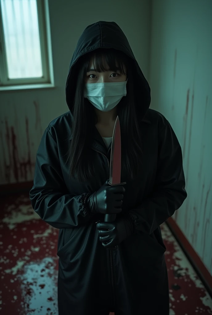 korean girl, (behind corpse, surgical mask), holding knife, stabbing, black gloves, room full of blood, black raincoat, plump, hood up, holding knife, black gloves, behind corpse, blood splatter, bondage, long bangs, bed room, looking at viewer, black wet suit, night, mass murderer, killer, robbery, dark atmosphere, cinematic lighting, atmospheric realistic, light from the window close-up,
