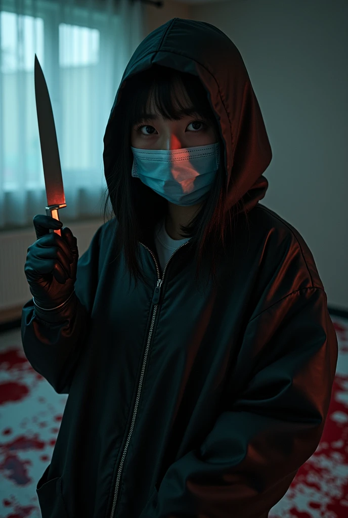 korean girl, (behind corpse, surgical mask), holding knife, stabbing, black gloves, room full of blood, black raincoat, plump, hood up, holding knife, black gloves, behind corpse, blood splatter, bondage, long bangs, bed room, looking at viewer, black wet suit, night, mass murderer, killer, robbery, dark atmosphere, cinematic lighting, atmospheric realistic, light from the window close-up,
