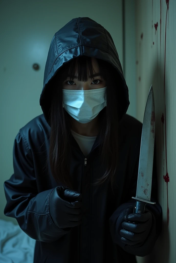 korean girl, (behind corpse, surgical mask), holding knife, stabbing, black gloves, room full of blood, black raincoat, plump, hood up, holding knife, black gloves, behind corpse, blood splatter, bondage, long bangs, bed room, looking at viewer, black wet suit, night, mass murderer, killer, robbery, dark atmosphere, cinematic lighting, atmospheric realistic, light from the window close-up,
