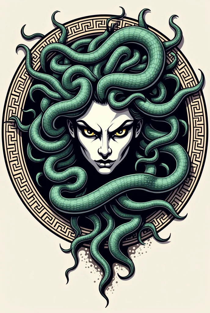 medusa, the ancient greek, woman head logo. Vector illustration of angry female face inside a greece-type circle in black lines with snakes with heads