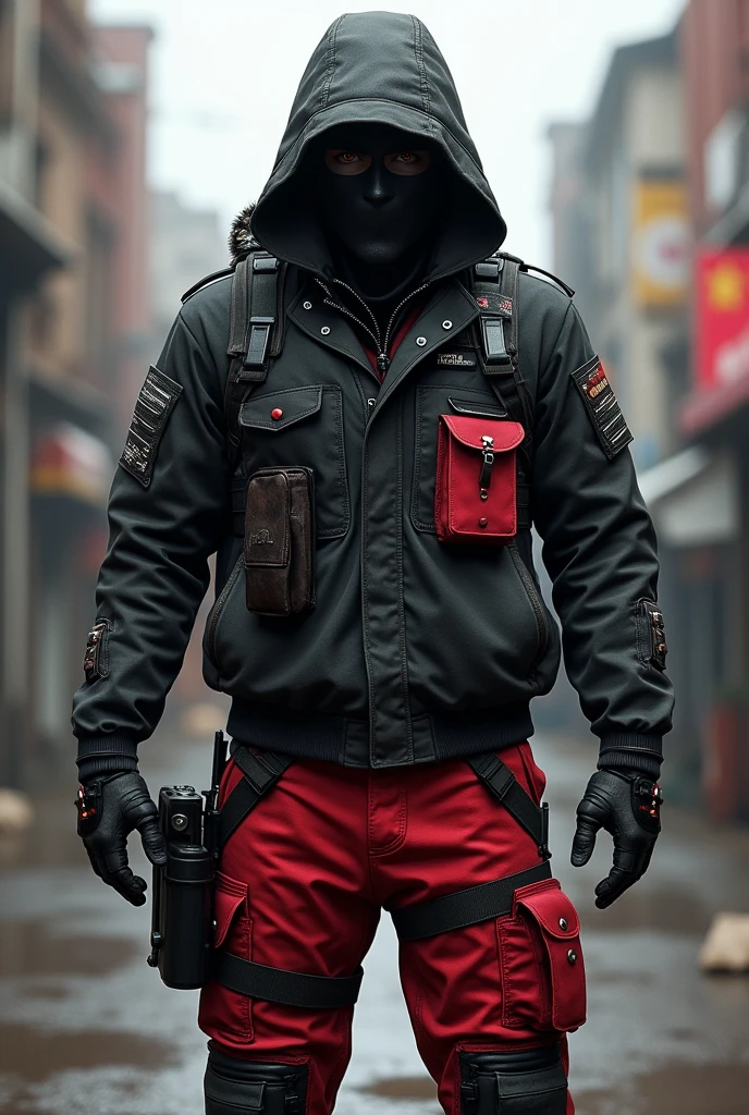 A free fire character with a black mask wearing a barracks jacket and red and black pants