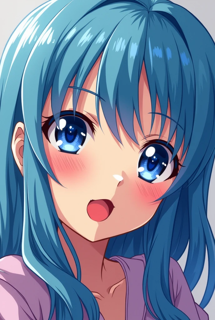 anime girl 90's style with long blue hair and blue eyes putting on red lipstick while side eyeing, the picture is showing from the top of the forehead till her shoulders. make it 90's aesthetic for a lofi background