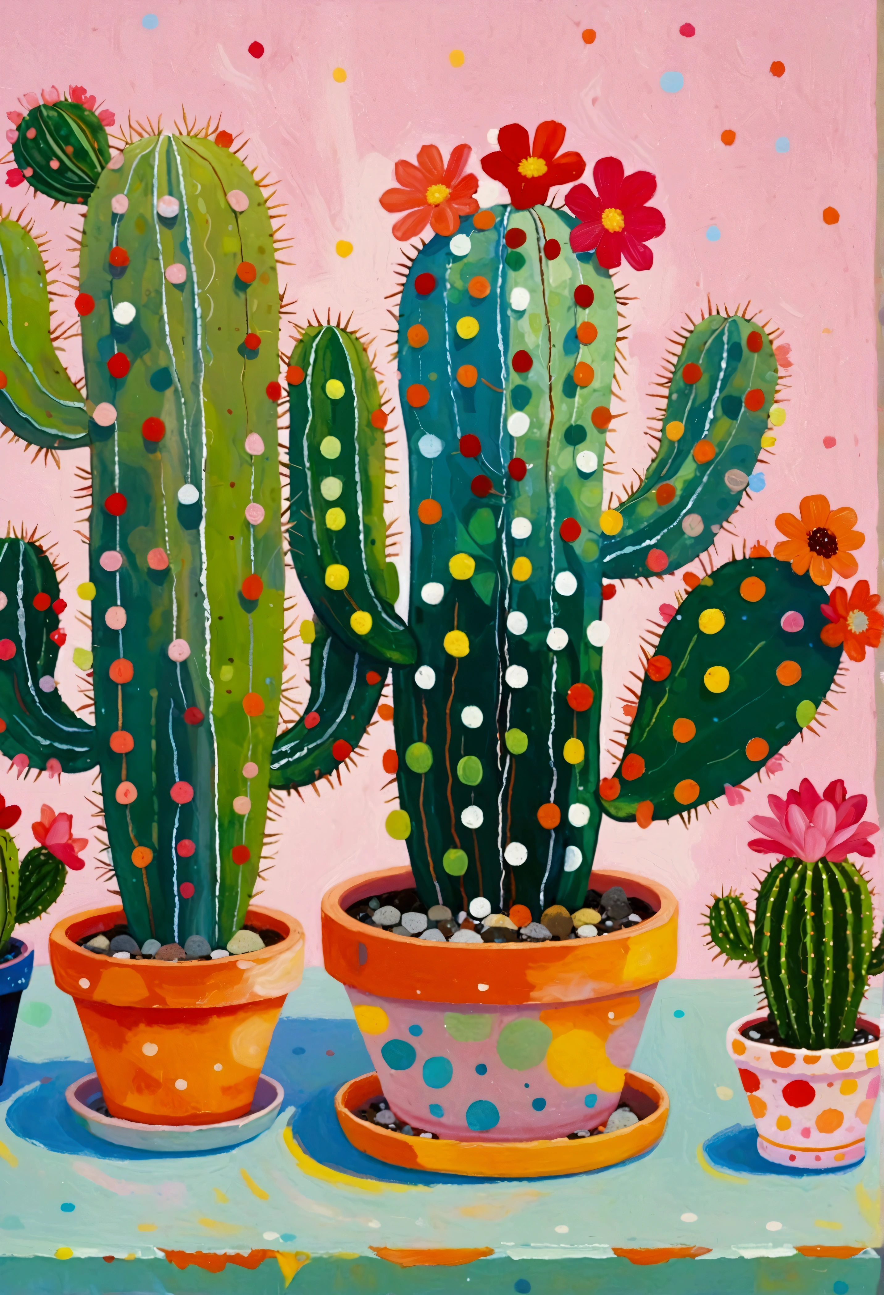 painting of three potted cactus plants on a table with polka dot cloth, Jane Newland, cactus, patchy cactus, cactus and flowers, cactus everywhere, author:Annabel Kidston, Saturated pointillism, cactus, inspired by Yayoi Kusama, inspired by Yayoi Kusama, inspired author:Annabel Kidston, By Pasitha Abad
