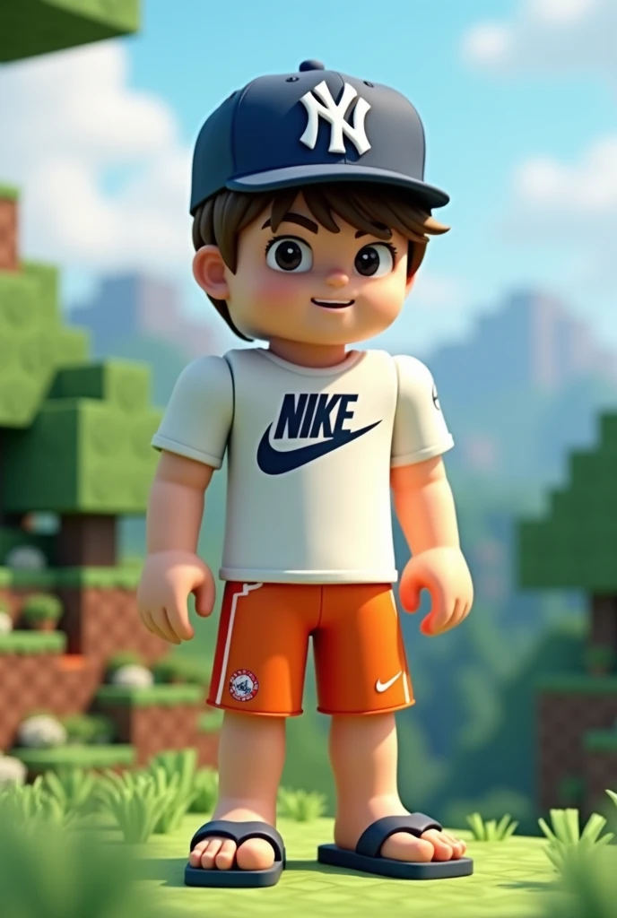 Boy with Yankees cap, Nike short sleeve shirt, orange and red shorts and Nike flip flops in Minecraft version