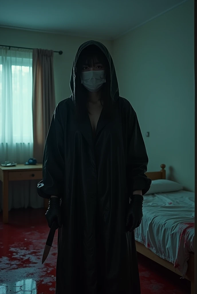 korean girl, (behind corpse, surgical mask), holding knife, stabbing, black gloves, room full of blood, black raincoat, plump, hood up, holding knife, black gloves, behind corpse, blood splatter, bondage, long bangs, bed room, black wet suit, night, mass murderer, killer, robbery, dark atmosphere, cinematic lighting, atmospheric realistic, light from the window close-up,
