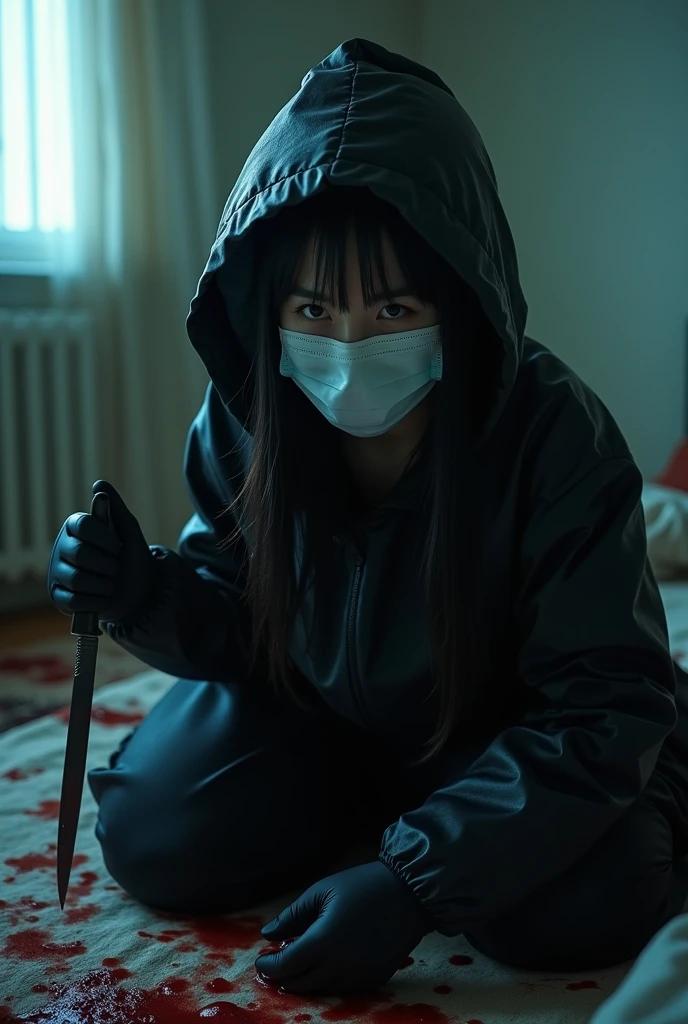 korean girl, (behind corpse, surgical mask), holding knife, stabbing, black gloves, room full of blood, black raincoat, plump, hood up, holding knife, black gloves, behind corpse, blood splatter, bondage, long bangs, bed room, black wet suit, night, mass murderer, killer, robbery, dark atmosphere, cinematic lighting, atmospheric realistic, light from the window close-up,
