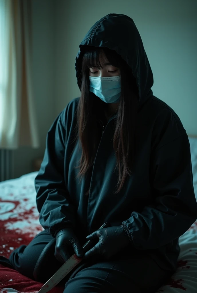 korean girl, (behind corpse, surgical mask), holding knife, stabbing, black gloves, room full of blood, black raincoat, plump, hood up, holding knife, black gloves, behind corpse, blood splatter, bondage, long bangs, bed room, black wet suit, night, mass murderer, killer, robbery, dark atmosphere, cinematic lighting, atmospheric realistic, light from the window close-up,