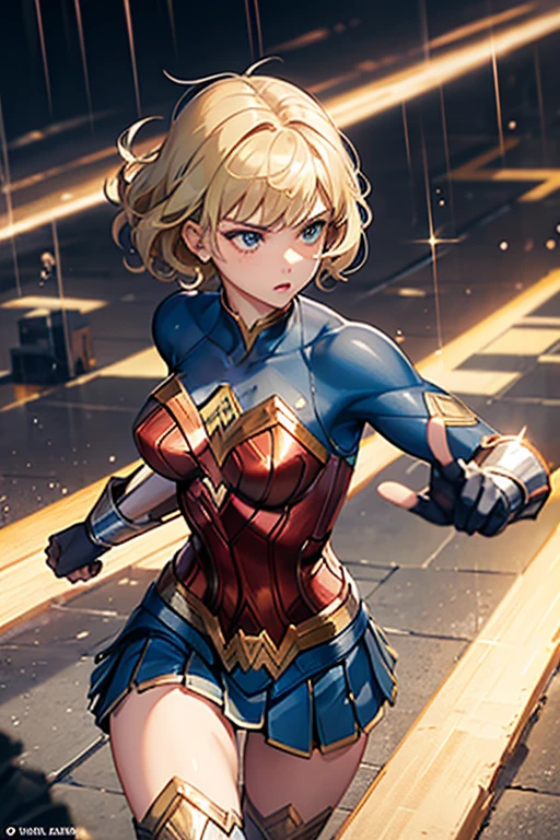 18-year-old girl, Wonder Woman Suit, Short Curly Hair, Blonde, Beautiful Face, rain, roof, masterpiece, Exquisite detail, Perfect Anatomy, Combat Stance