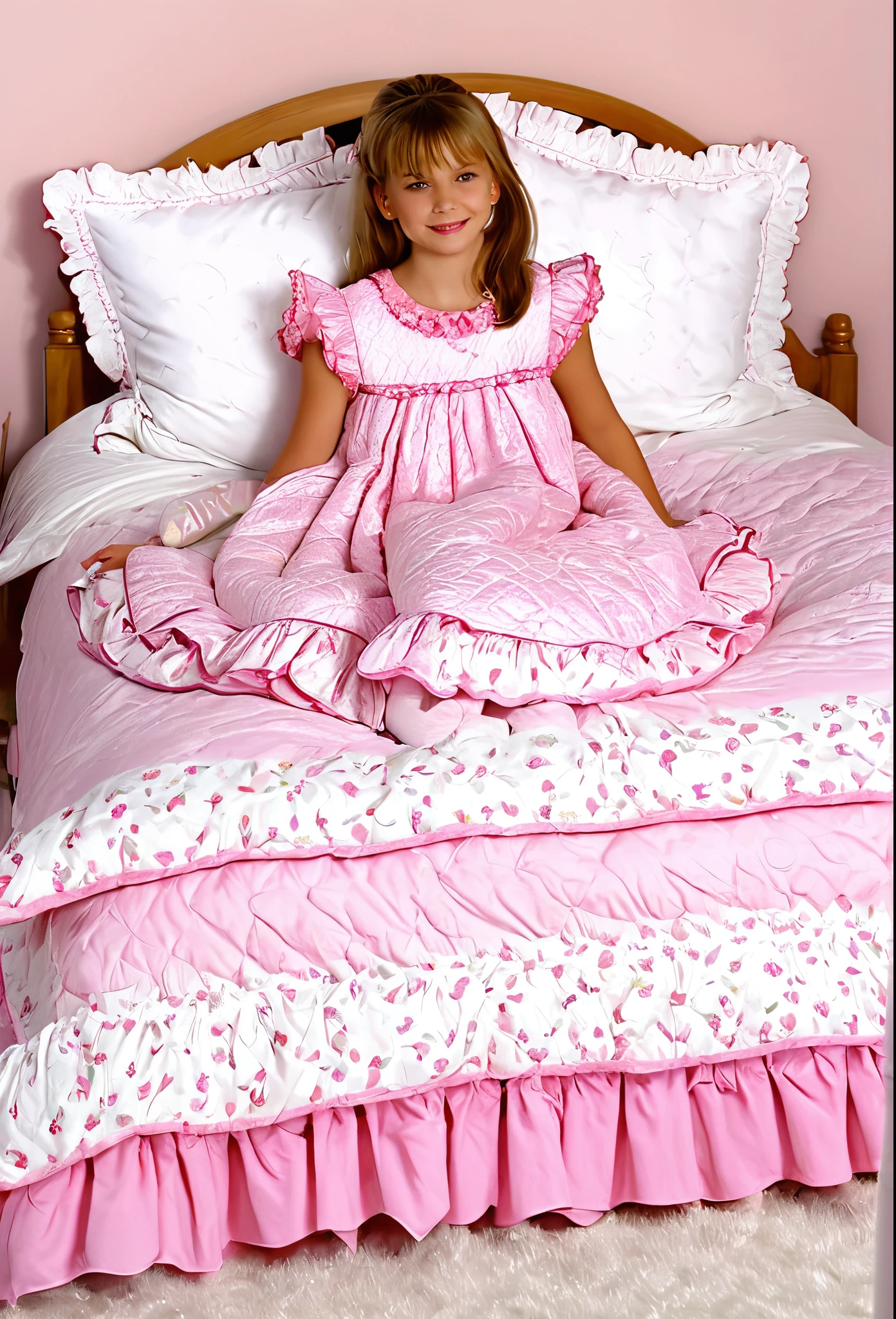 A sissy girl of 12 years old, a plump quilted nightgown, children's mittens without fingers, a bed with a mountain of pillows and feather beds,sissy bed,king size bed,more big bed,lot of frilled pillows,more pillows, ruffles lace silk.