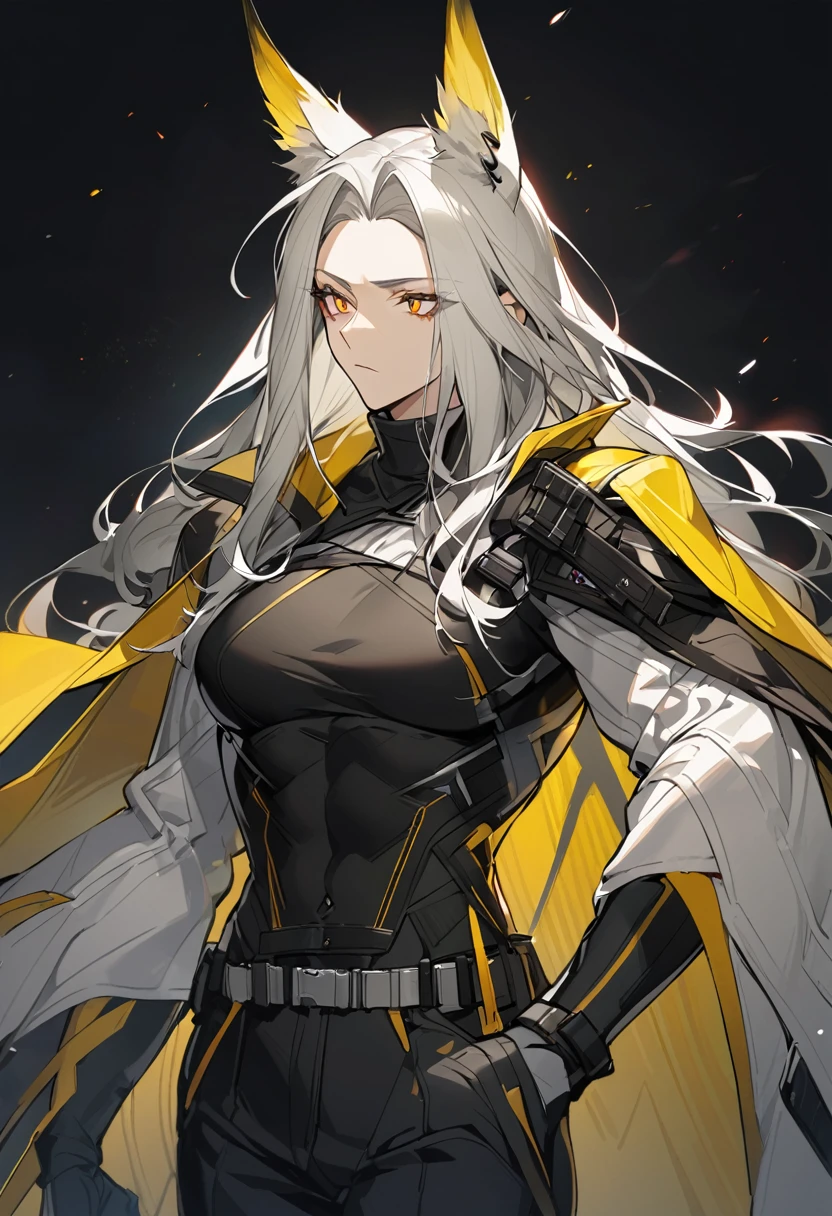 Hellagur(Arknights),grey hair,feather ears, muscular body,wearing original clothes, medium chest,medium hips,pitch black background,