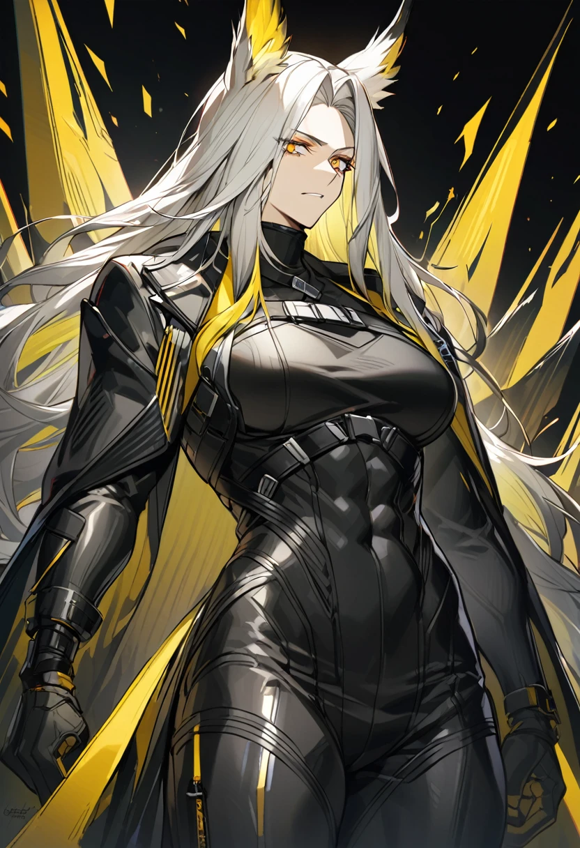 Hellagur(Arknights),grey hair,feather ears, muscular body,wearing original clothes, medium chest,medium hips,pitch black background,