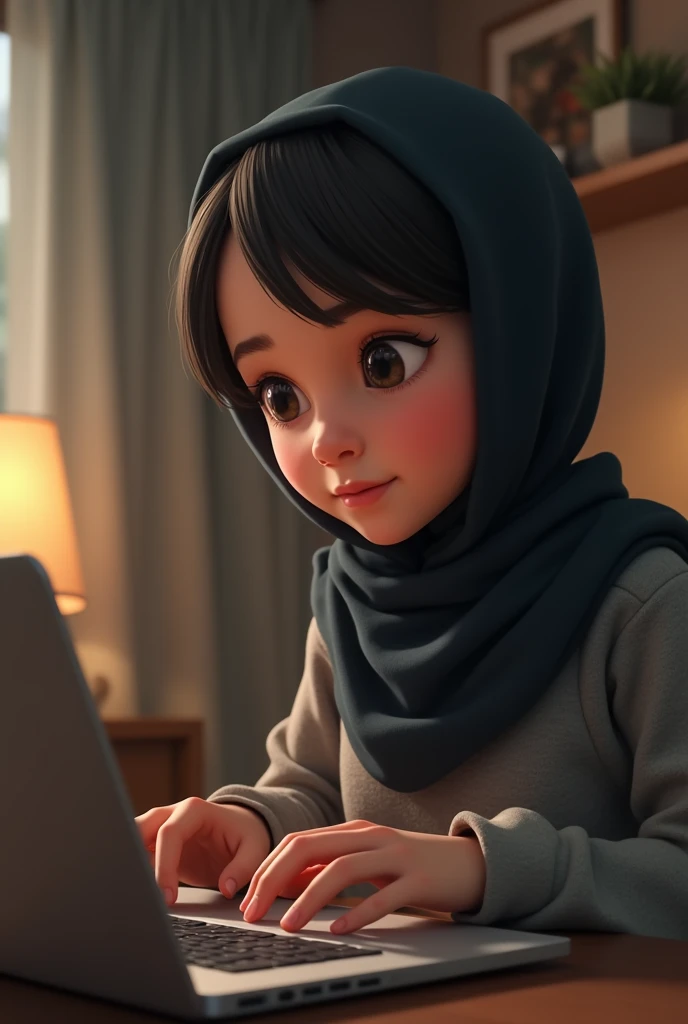 A muslim girl typing on laptop