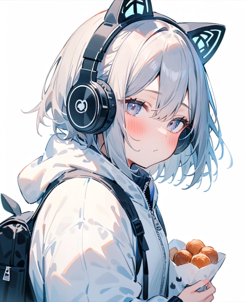 masterpiece, Highest quality, so beautiful, Absurd, up to date, One girl, alone, View your viewers, blush, short hair, bangs, Simple Background, hair ornaments, White Background, Animal ears, Hair between the eyes, Mouth closed, Jacket, Upper Body, Gray Hair, Cat ear, Food, bag, From the side, Animal earsの毛, Look to the side, fake Animal ears, Headphones, white Jacket, Backpack, Food down, Fooded Jacket, zipper, animal ear Headphones