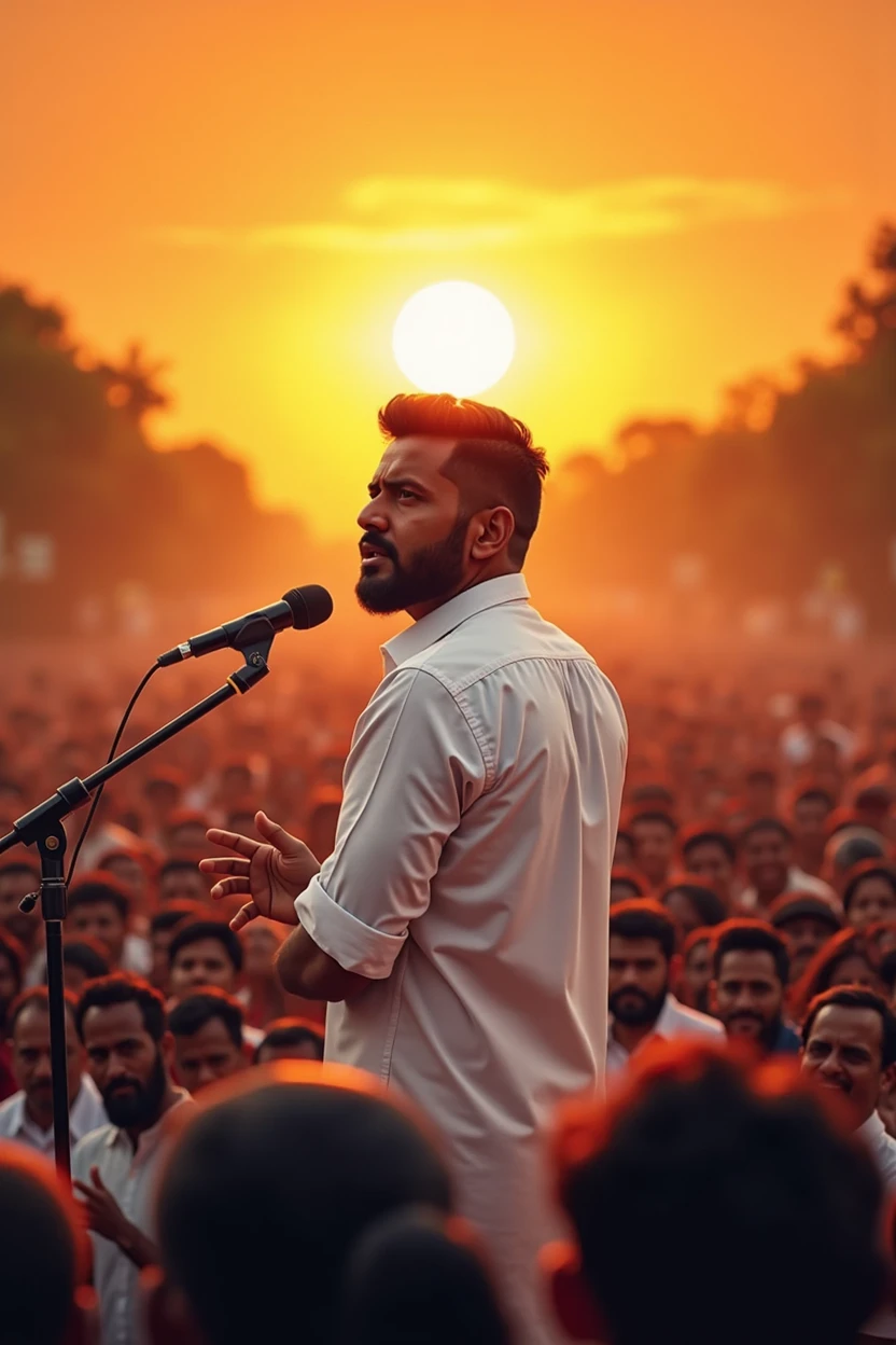 A  man in centre  with a short  beard and dair hair, wearing a white shirt,front view face straight towards camera of the person standing and speech in mike in the middle of an sun set with a crowd of tamilnadu people are encouraging and surrounded  in the background front view,poster design, glowing backround golden 