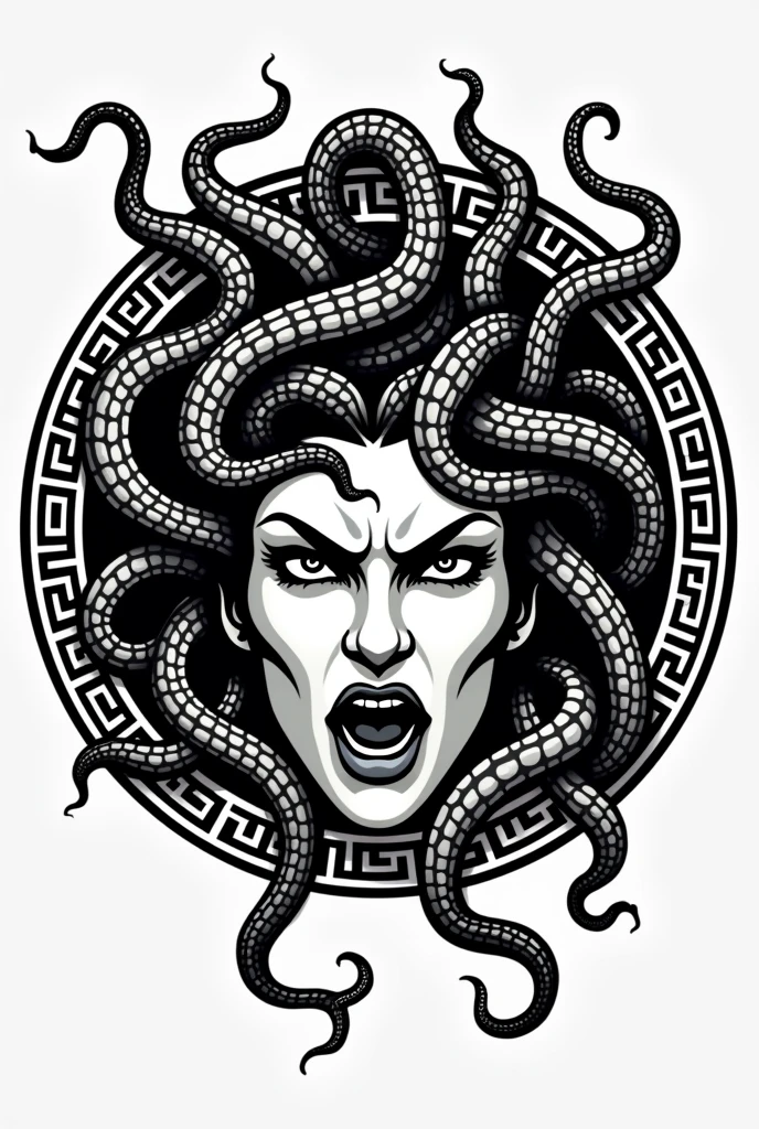 medusa, the ancient greek, woman head logo. Vector illustration of angry female face inside a greece-type circle in black lines with black and white headed snakes
