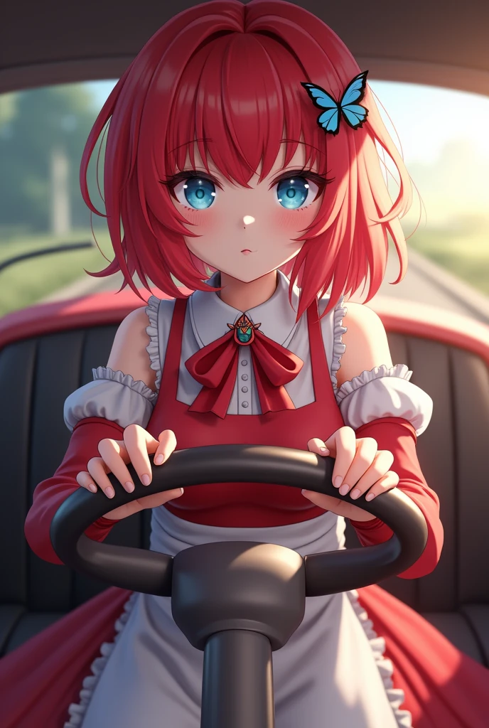 stephaniedola, Stephanie dola, blue eyes, hair ornament, flower, Red hair, hair flower, rest dress, bow, bare shoulders, layer, red bow, gemstone, apron, Skirt, steering wheels, long neck, neckline, break inside, REST looking at the viewer, (cowboy shot:1.5), BREAK (masterpiece:1.2), Best Quality, High resolution, unity wallpaper 8k, (illustration:0.8), (beautiful detailed eyes:1.6), extremely detailed face, perfect lighting, Extremely detailed CG, (perfect hands, perfect anatomy),