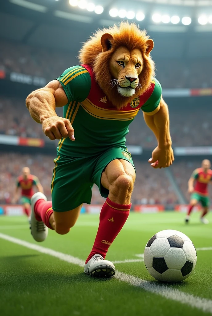 Create a muscular lion playing soccer. The lion should have a strong, athletic appearance, with well-defined muscles. He must be wearing a football uniform in green, red and yellow. The pose should be dynamic, capturing the action of playing football. The background should be a detailed football field, with an intense game atmosphere
