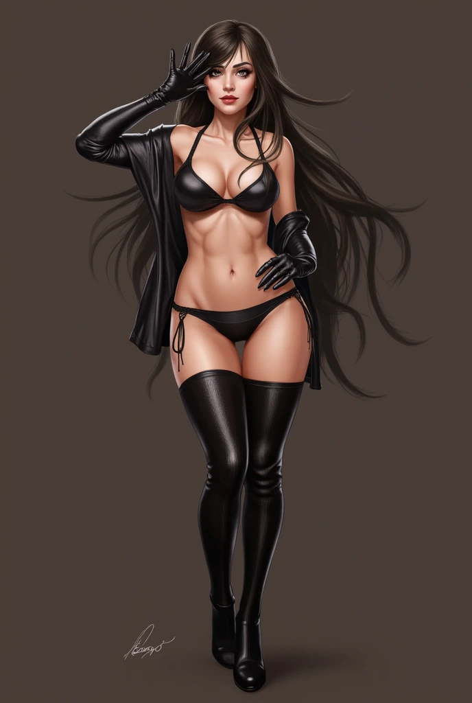 Girl, thigh high boots, leggings, bra, gloves, garter