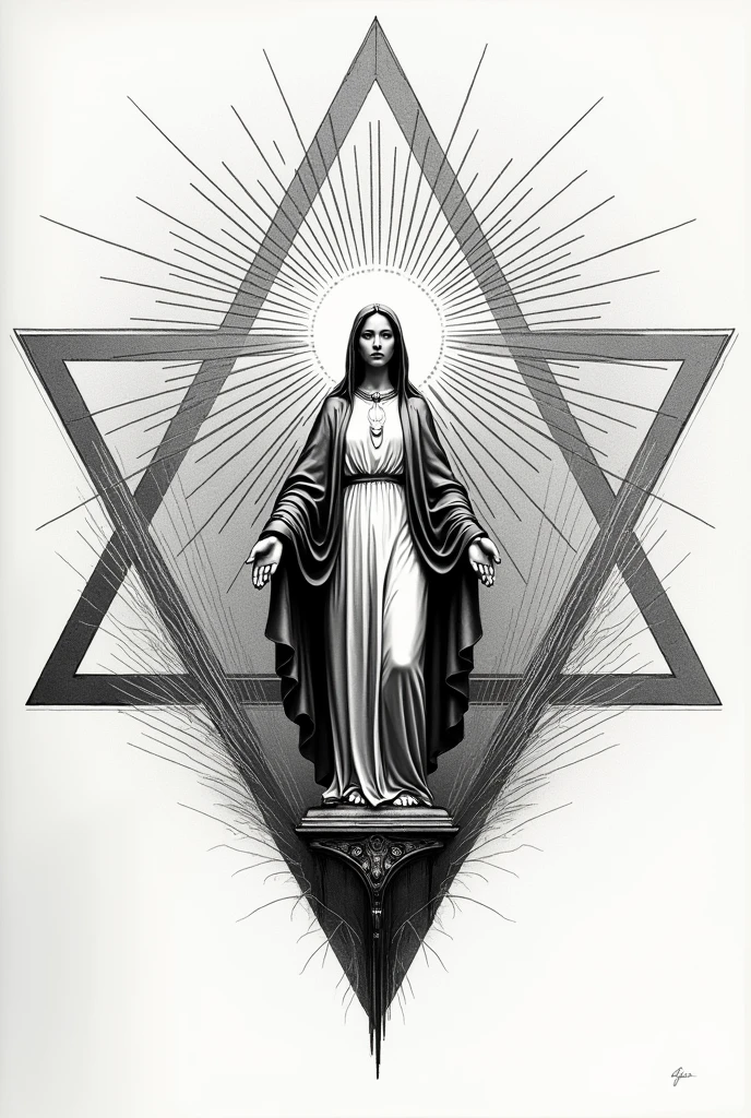 A bold drawing of the Metatron&#39;s cube with the image of Our Lady of Aparecida in bold 