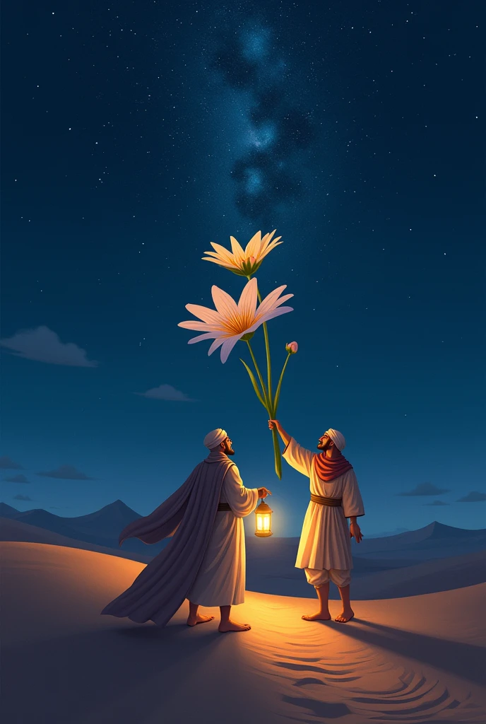 The caravan is traveling in the desert at night
There's a man holding lantern the other man then grabs the bunch of flowers to the night sky and the flower opens when the light of stars comes towards it