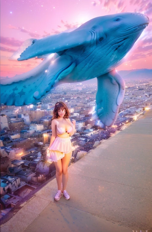 Masterpiece; uhd, ultra photo realistic, a beautiful girl of 20 years old, cute, large breasts, Flying whale in the Sky, Pink Sky with stars, Mountain street, city Metropolis visual