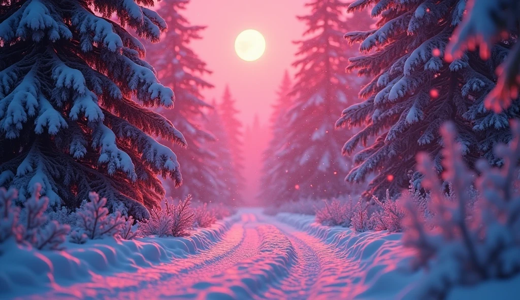 "Generates an extremely detailed scene of a dimly lit snowy wonderland, Rich in details, Bathed in a mesmerizing magenta glow. Imagine a peaceful winter landscape, Each snowflake is delicately outlined with soft, Dim Lights. Highlight the complex texture of snow-covered tree branches, Captures subtle changes in shadows in the surrounding magenta tones. Create a visual masterpiece，Immerse the audience in a quiet and charming atmosphere, A world covered with ice and snow, Emphasis on the smallest details to evoke a sense of serenity and awe."