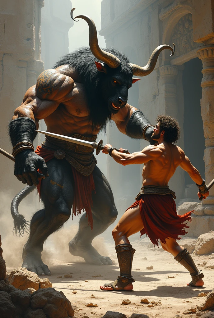 A minotaur teaching clases of fighting to Hércules