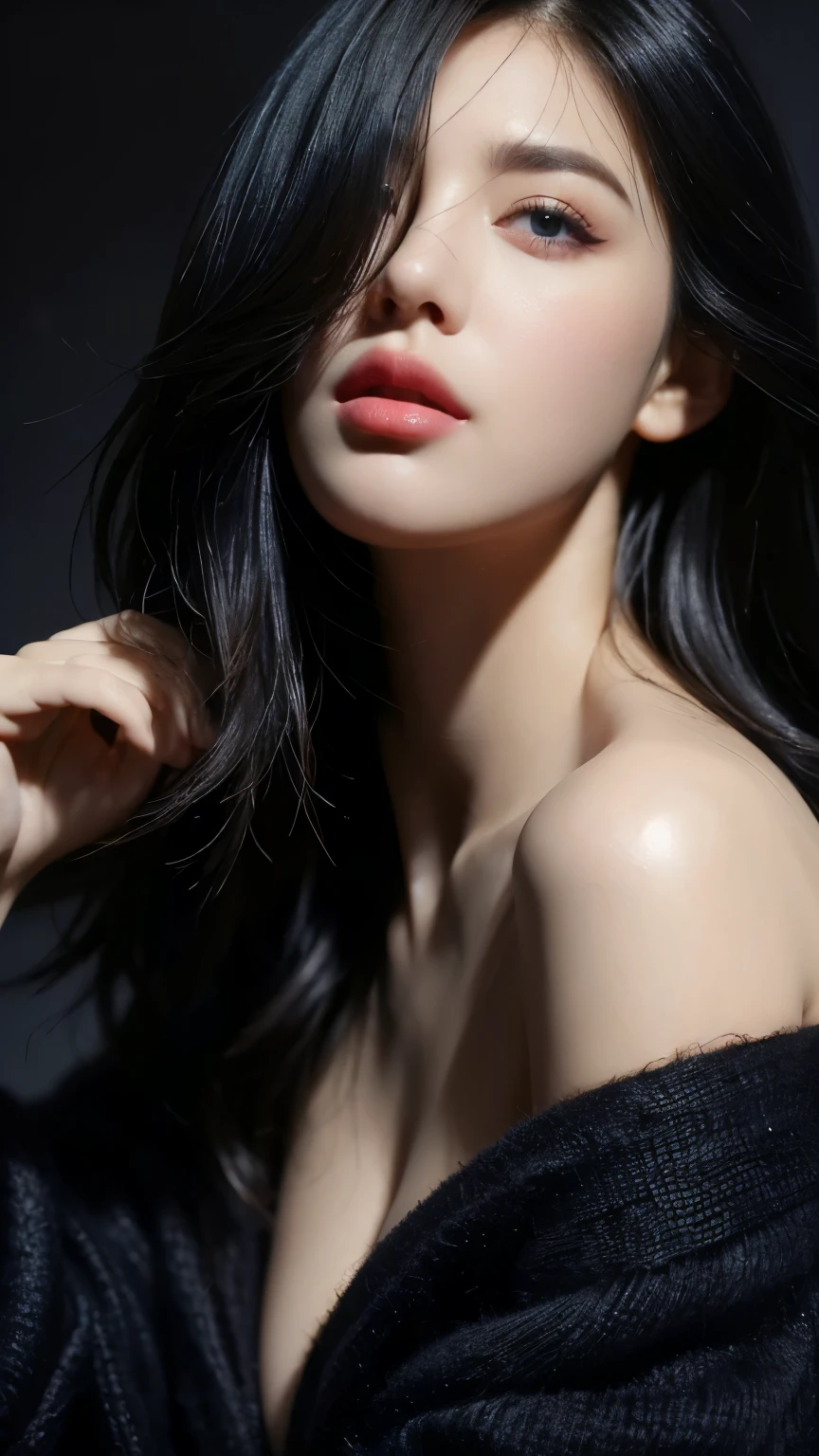 ((best quality, 8K, masterpiece :1.3)), very detailed, facing the camera head, intricately detailed, realistic, sharp features, very detailed, sharp focus, perfect face, perfectly symmetrical, perfect eyes, perfect lips, Flexible female form, cinematic, film light, very detailed, hyper realistic, masterpiece, atmosphere, high resolution, vibrant, dynamic studio lighting, NSFW, ((dark background)), sexy face, Facial expression when receiving joy, straight bangs, big bust, exposed cleavage, blue eyes, Black sweater, bare shoulders, look at the viewer, atmosphere perspective, volumetric lighting, clear focus, absurd solution, realistic 비율, good anatomy, (realistic,Hyper-realistic:1.37), 16k HD, information, ((full shot)).