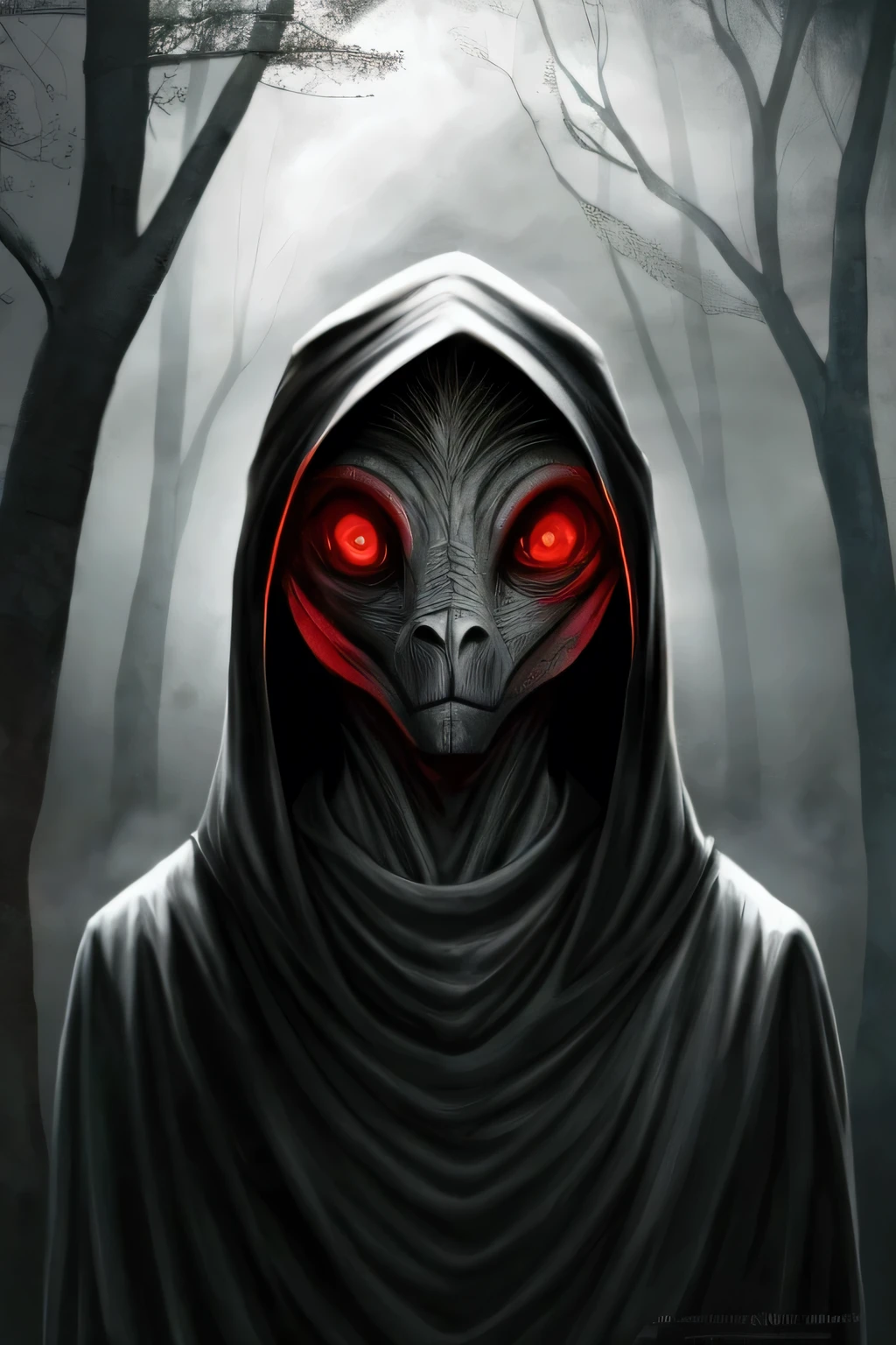 black hair, Man, Red eyes, Long hood,Dark background, Forest in the background, horror, necromancer, masterpiece, a high resolution, Realistic anatomy, Cursed Power,
