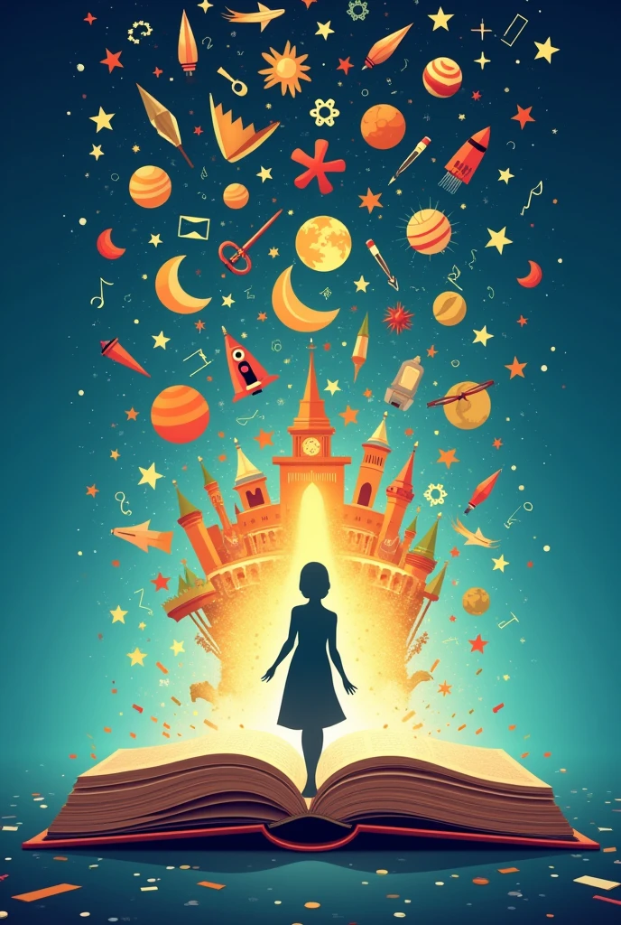 To create a digital poster for the 90th National Book Week with the theme “Magbasa. Mangarap. Magdiwang!” or “Read. Dream. Celebrate!”, I'll incorporate the visual elements and layout you've described into a cohesive design. Here's how each aspect will be integrated:

### **Digital Poster Design: "Journey Through Books"**

#### **Central Imagery:**

- **Open Book:** 
  - The centerpiece of the poster will be an open book with its pages appearing to turn, symbolizing the act of reading. This book will be positioned centrally and slightly towards the bottom to allow space for emerging elements.

- **Emerging Dreams:**
  - **Fantasy Elements:** Dragons, castles, and mythical creatures will be seen emerging from the book, representing the imagination and creativity sparked by reading.
  - **Science and Discovery:** Rockets and planets will illustrate the knowledge and exploration facilitated by books.
  - **Cultural Symbols:** Icons and landmarks from various cultures will signify the diversity of stories and the celebration of different heritages.

#### **Incorporating the Image:**

- **Central Figure:**
  - The serene figure from the image will be included above the open book, symbolizing the reader in a contemplative state. This figure will have closed eyes, representing the inward journey of imagination.

- **Flying Pages:**
  - The pages flying out of the book will morph into different symbols such as mathematical symbols, atoms, musical notes, and technological icons. This transformation signifies the broad spectrum of knowledge and dreams that reading inspires.

#### **Background:**

- **Gradient Sky:**
  - The background will feature a gradient transitioning from deep blue at the bottom (night and dreams) to bright gold or orange at the top (celebration and joy). This gradient adds depth and a sense of wonder.

- **Stars and Confetti:**
  - Scattered stars and confetti will enhance the magical and festive atmosphere, adding to the celebratory theme.

#### **Typo