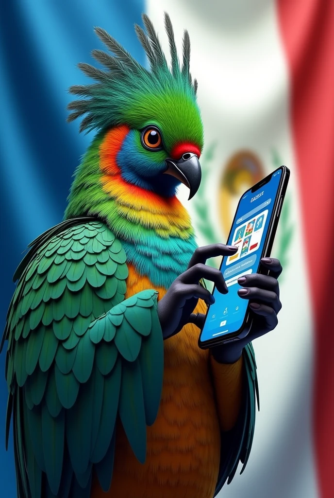 A quetzal using his cell phone with the animated flag of Guatemala
