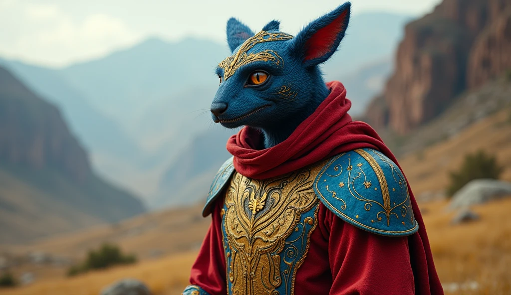 Armenia as a  League of Legend creature iin carmine red, blue and gold yellow colors. Intricated clothing. Cinematic Fantasy sci-fi landscape background