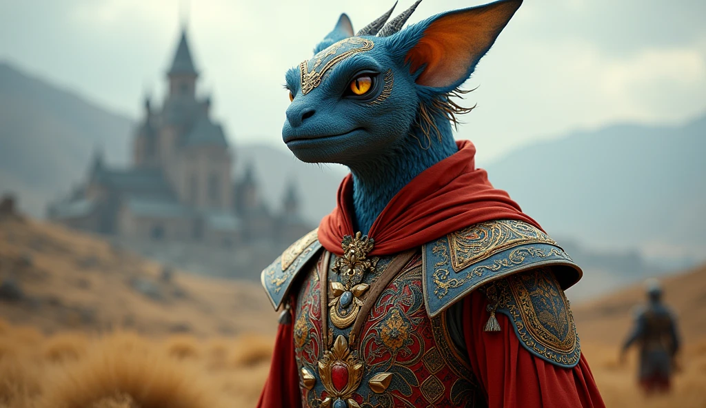 Armenia as a  League of Legend creature iin carmine red, blue and gold yellow colors. Intricated clothing. Cinematic Fantasy sci-fi landscape background