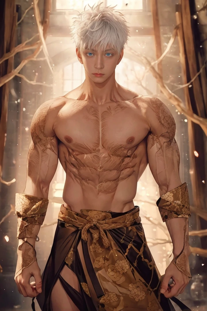 1 male, handsome Japanese male model, high resolution 4k, adult, semi realistic, perfect face detail, detailed eyes and face, muscular, white eyebrow hair, white eyelashes, Naked torso, Detailed face, perfect face, real skin texture, detail Perfect hand, details, Real and complete hand details, unreal engine, hd picture, satoru gojo, Jujutsu kaisen, white hair, short hair ,hair between eyes ,blue eyes, white skin