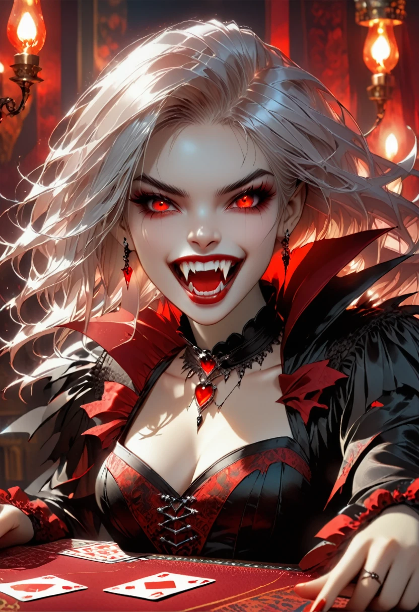 a portrait of a vampire playing poker game of cards, holding cards ((cards not shown:1.5)) the cards are dripping blood, an exquisite beautiful vampire, goth vampire, ((dynamic hair color: 1.5)), white pale skin, some blood veins are seen on the skin, red lips, red eyes, glowing eyes, wearing goth dress, silk dress, there are diamonds on the dress, earing a choker studded with a red diamond, ((vampire fangs:1.5)), she sits near a poker table in a dark fantasy room, there is a playing table, torch light,  vibrant, Ultra-high resolution, High Contrast, (masterpiece:1.5), highest quality, Best aesthetics), best details, best quality, highres, ultra wide angle, 16k, [ultra detailed], masterpiece, best quality, (extremely detailed: 1.5), vampire fangs, NRART