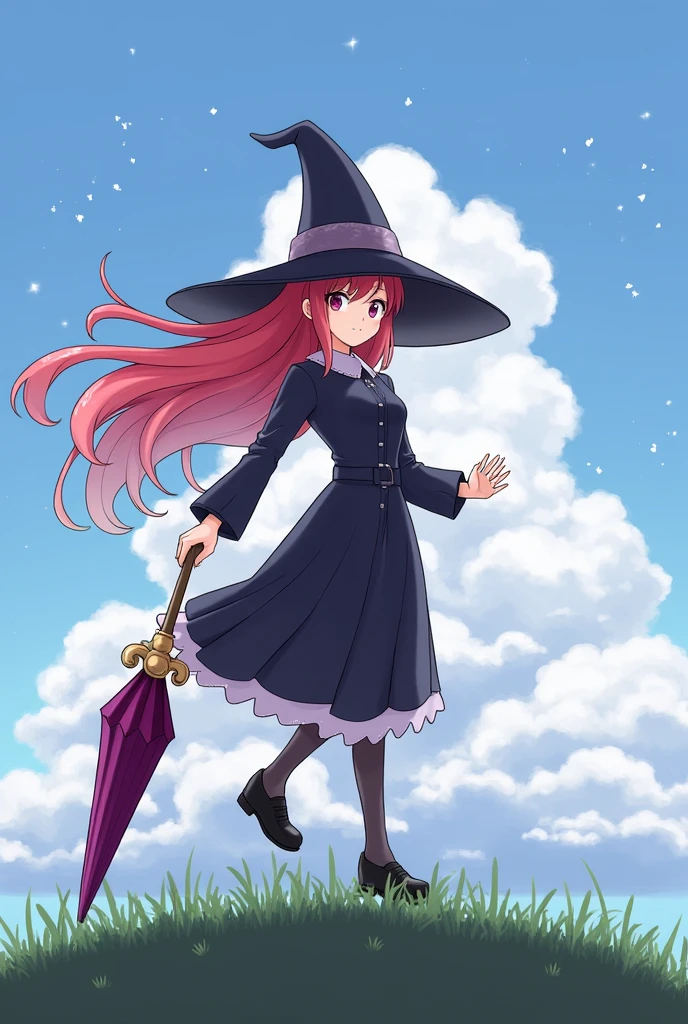 1chica,witch,long_hair,sky,Alone,dress,(sky),cloud,negro_Hats,long_sleeves,negro_dress,tenure_umbrella,floating_hair,estrellary_sky,umbrella,red_hair,tenure_Magic wand, Magic wand, full_body,outdoor,