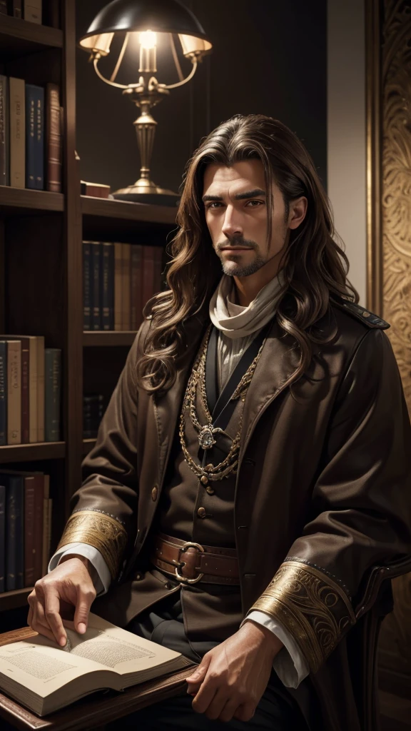 Photo of a man with 75 years, beautiful brunette ((Model)) Christian Pastor, Looking forward seated, Light brown eyes, wavy hair, very imposing, feature of security and elegance, ((wearing palitó well ally)), (hypnotic), very detailed face, beautiful eyes, [in good shape],is holding a book apparently is a bible and behind a bookshelf, lovely,  (Rembrandt Lighting), zeiss lens, ultra realistic, (highly detailed skin: 1.2), 8k uhd, dslr, Dramatic Rim light, high quality, Fujifilm XT3,