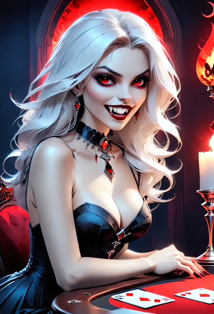 a portrait of a vampire playing poker game of cards, holding cards ((cards not shown:1.5)) the cards are dripping blood, an exquisite beautiful vampire, goth vampire, ((dynamic hair color: 1.5)), white pale skin, some blood veins are seen on the skin, red lips, red eyes, glowing eyes, wearing goth dress, silk dress, there are diamonds on the dress, earing a choker studded with a red diamond, ((vampire fangs:1.5)), she sits near a poker table in a dark fantasy room, there is a playing table, torch light,  vibrant, Ultra-high resolution, High Contrast, (masterpiece:1.5), highest quality, Best aesthetics), best details, best quality, highres, ultra wide angle, 16k, [ultra detailed], masterpiece, best quality, (extremely detailed: 1.5), vampire fangs, NRART