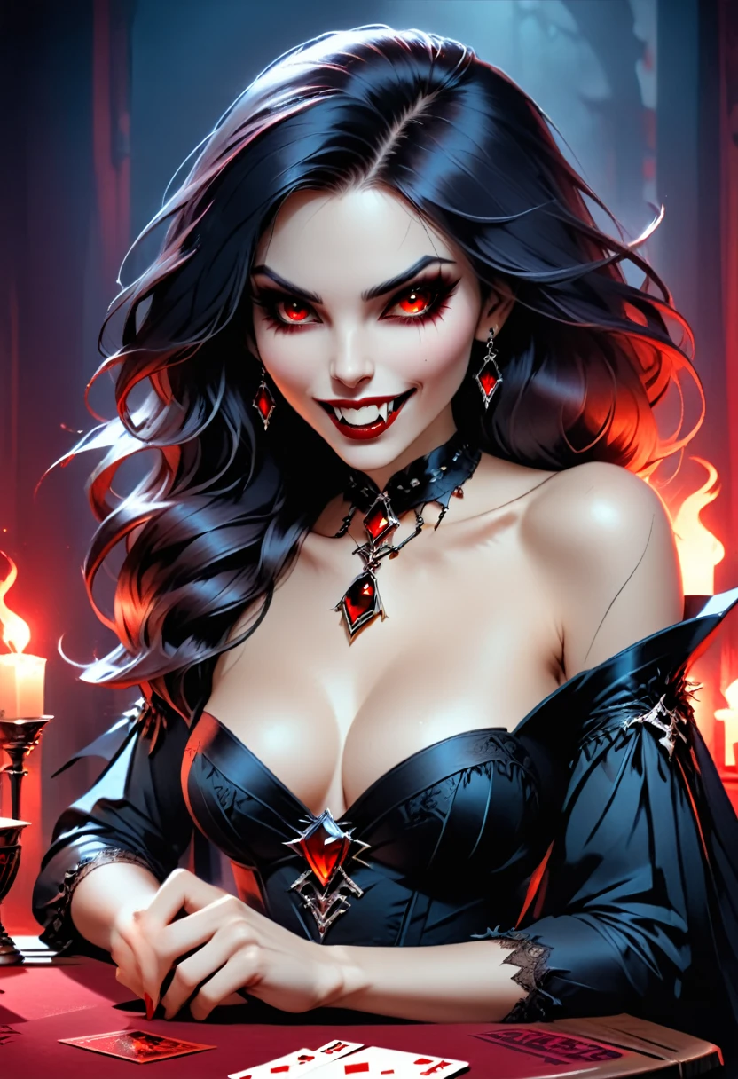 a portrait of a vampire playing poker game of cards, holding cards ((cards not shown:1.5)) the cards are dripping blood, an exquisite beautiful vampire, goth vampire, ((dynamic hair color: 1.5)), white pale skin, some blood veins are seen on the skin, red lips, red eyes, glowing eyes, wearing goth dress, silk dress, there are diamonds on the dress, earing a choker studded with a red diamond, ((vampire fangs:1.5)), she sits near a poker table in a dark fantasy room, there is a playing table, torch light,  vibrant, Ultra-high resolution, High Contrast, (masterpiece:1.5), highest quality, Best aesthetics), best details, best quality, highres, ultra wide angle, 16k, [ultra detailed], masterpiece, best quality, (extremely detailed: 1.5), vampire fangs, NRART