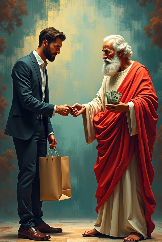 Replica of Michelangelo's Creation of Adam Art in Digital Art Style, Adam handing over money and God handing over a shopping bag