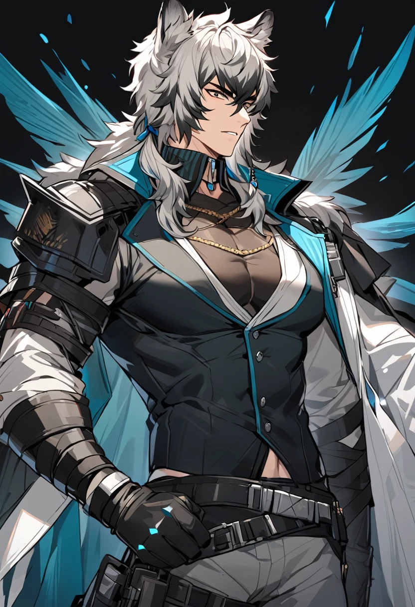 SilverAsh(Arknights),grey hair,animal ears, muscular body,wearing original clothes,medium chest,medium hips,pitch black background,